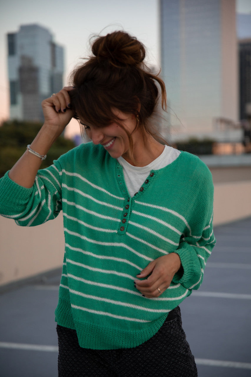 Aiden Classic Breton Style Henley in Green and White Stripe