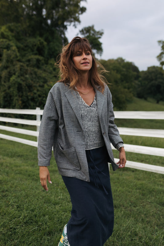 Portuguese Wool Pieper Coat in Black and Cream Houndstooth Plaid Weave