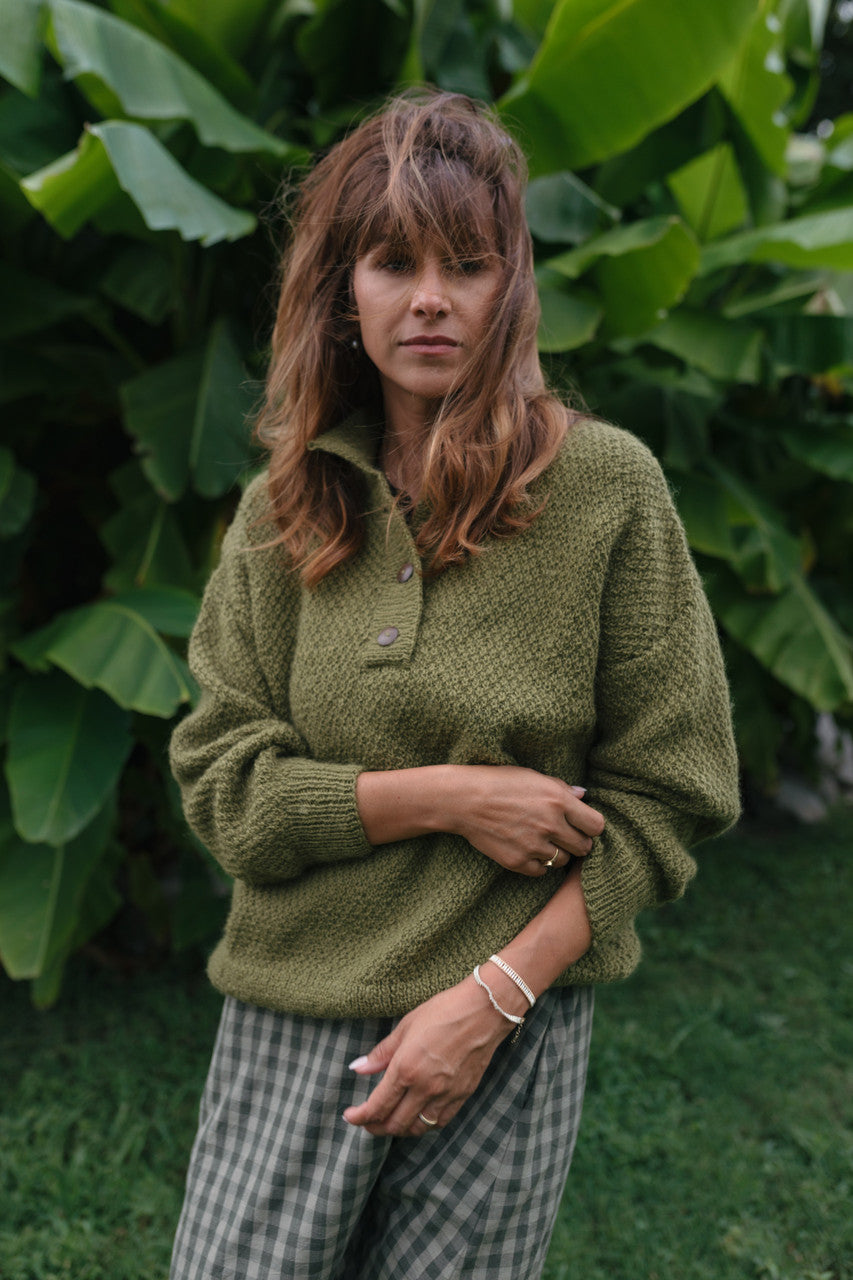 Imogene Oversized Wool Henley in Moss - Pre-Order 1/30