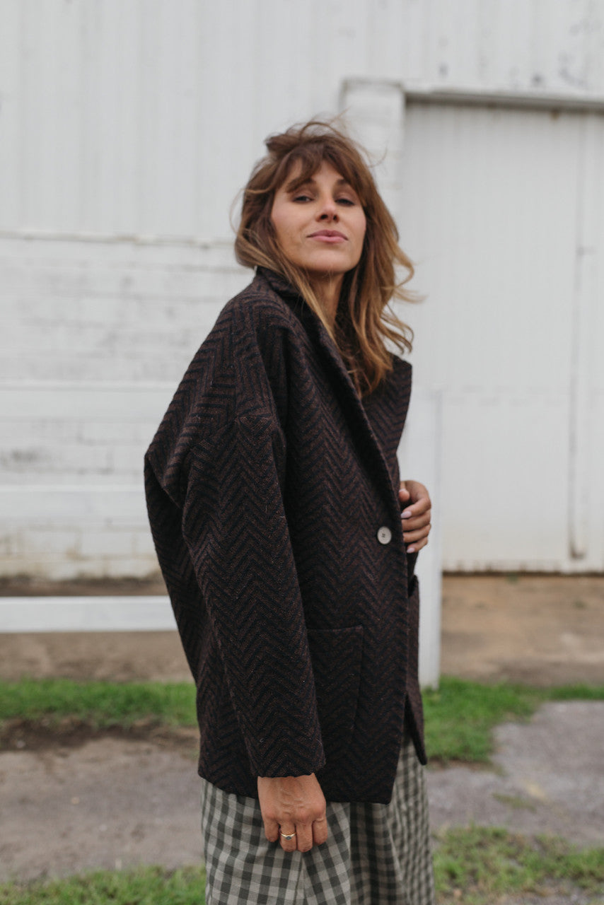 Portuguese Wool Pieper Coat in Black and Brown Herringbone - Pre-Order 12/31