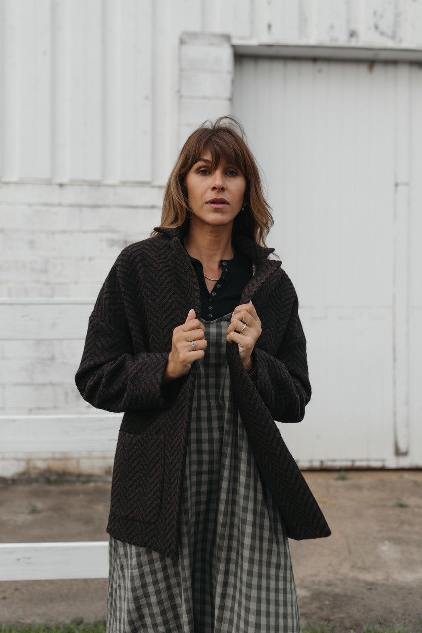 Portuguese Wool Pieper Coat in Black and Brown Herringbone - Pre-Order 12/31