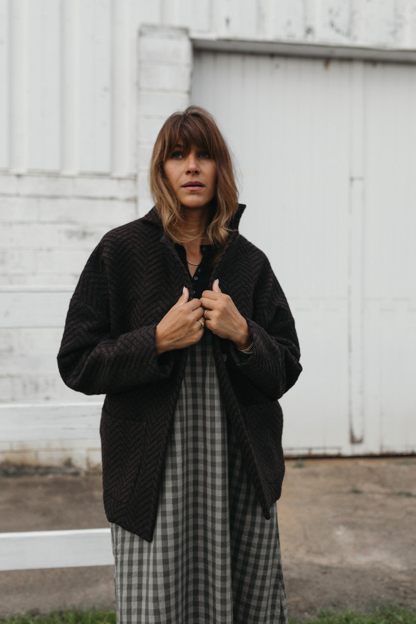 Portuguese Wool Pieper Coat in Black and Brown Herringbone - Pre-Order 12/31