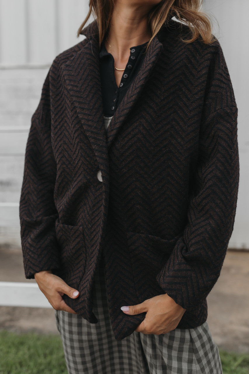 Portuguese Wool Pieper Coat in Black and Brown Herringbone - Pre-Order 12/31