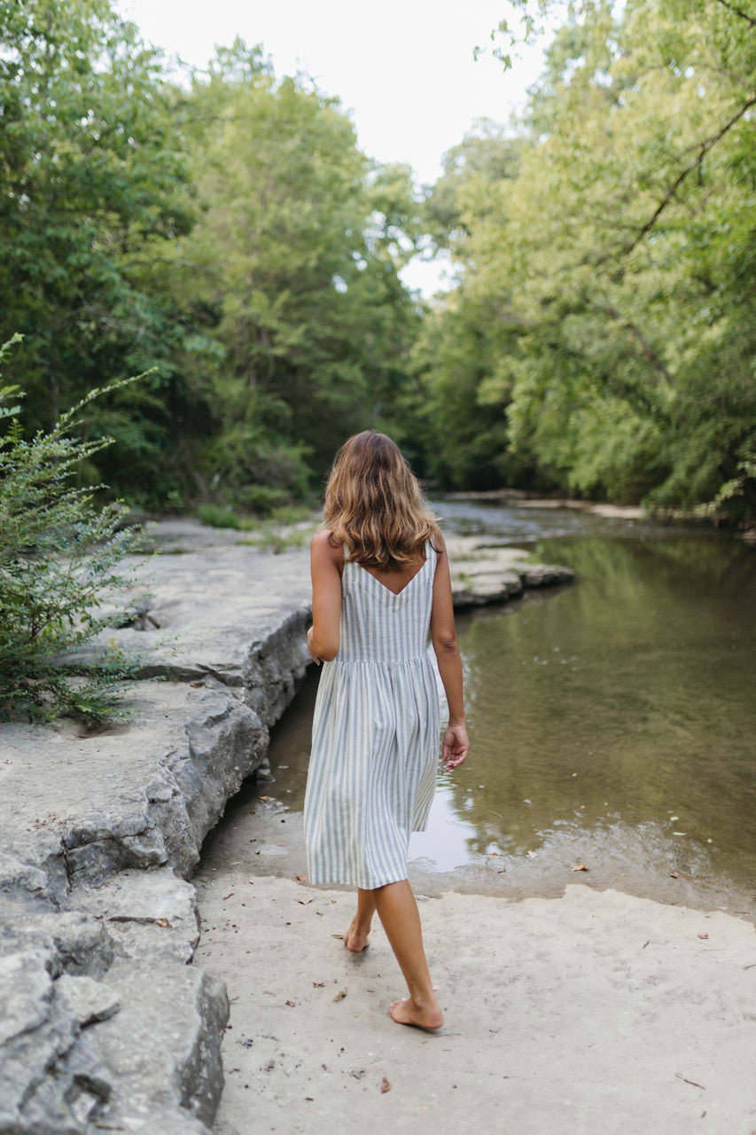 Mia Linen Dress in Green and White Stripe Made to Order