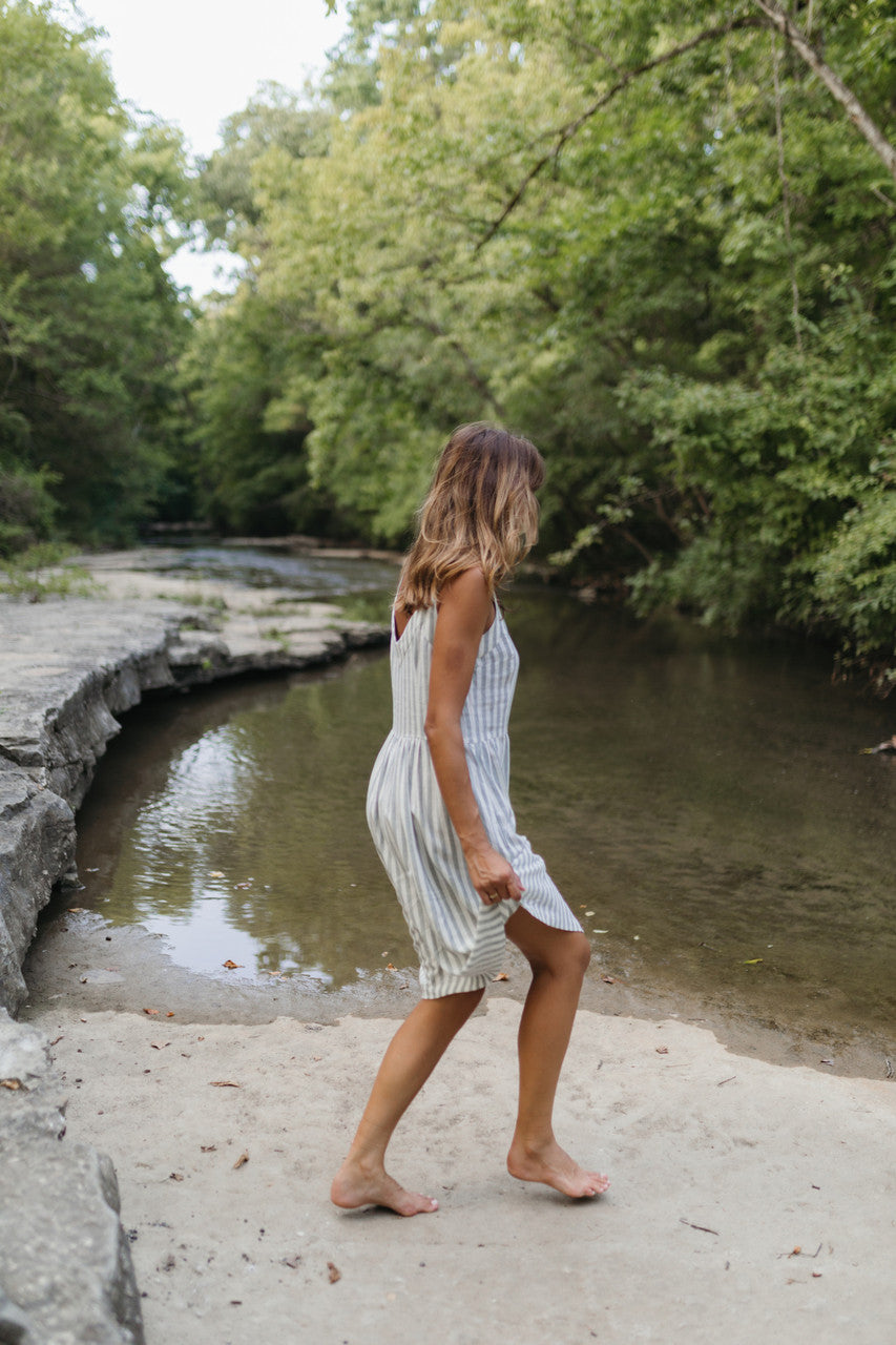 Mia Linen Dress in Green and White Stripe Made to Order