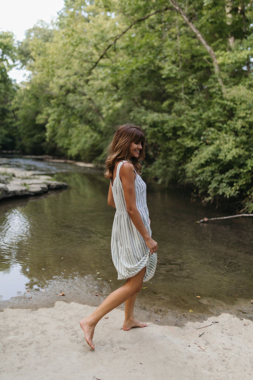 Mia Linen Dress in Green and White Stripe Made to Order