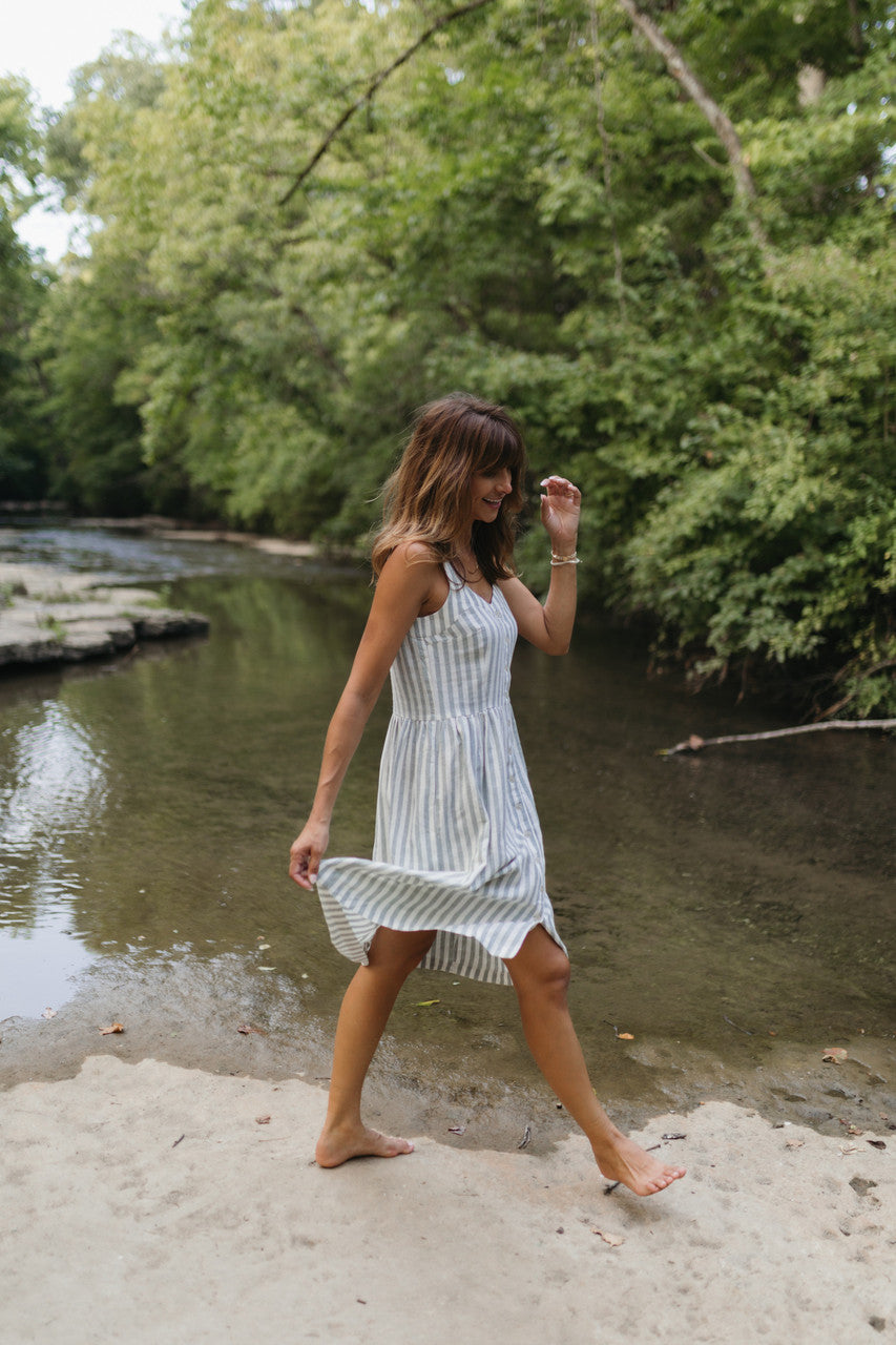 Mia Linen Dress in Green and White Stripe Made to Order