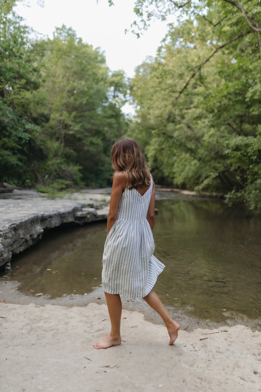 Mia Linen Dress in Green and White Stripe Made to Order