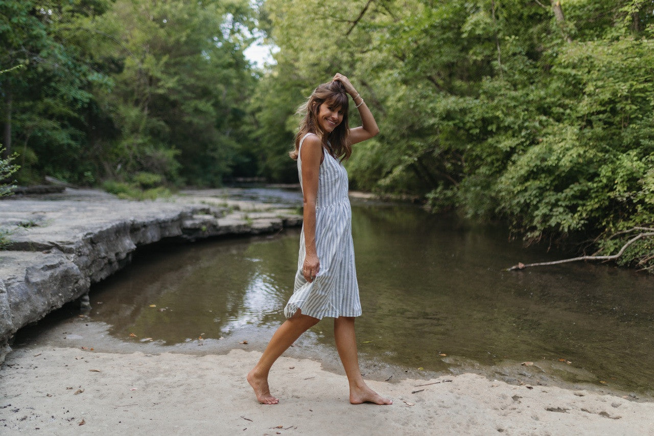 Mia Linen Dress in Green and White Stripe Made to Order