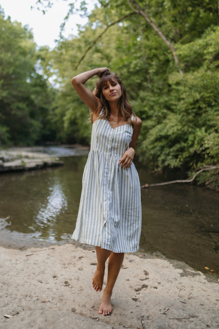 Mia Linen Dress in Green and White Stripe Made to Order