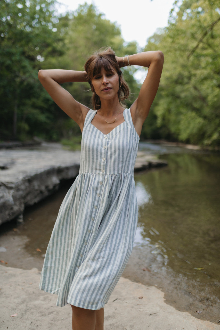 Mia Linen Dress in Green and White Stripe Made to Order