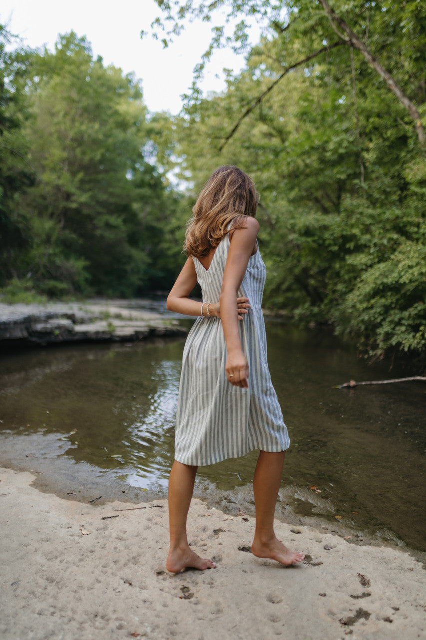 Mia Linen Dress in Green and White Stripe Made to Order