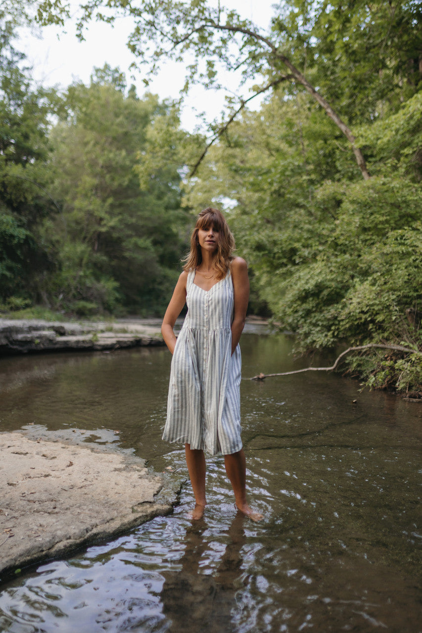 Mia Linen Dress in Green and White Stripe Made to Order