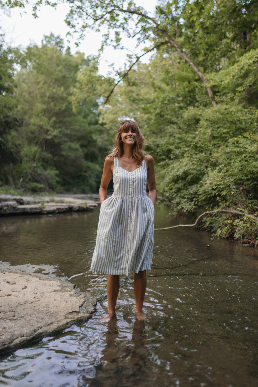 Mia Linen Dress in Green and White Stripe Made to Order