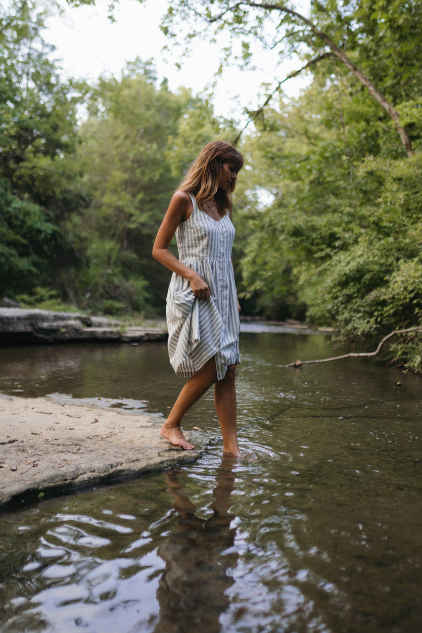 Mia Linen Dress in Green and White Stripe Made to Order