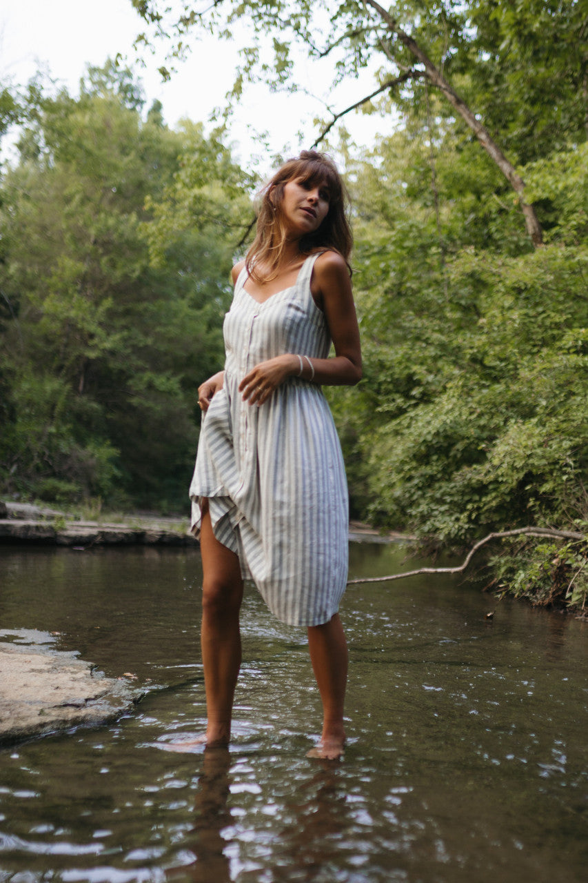 Mia Linen Dress in Green and White Stripe Made to Order