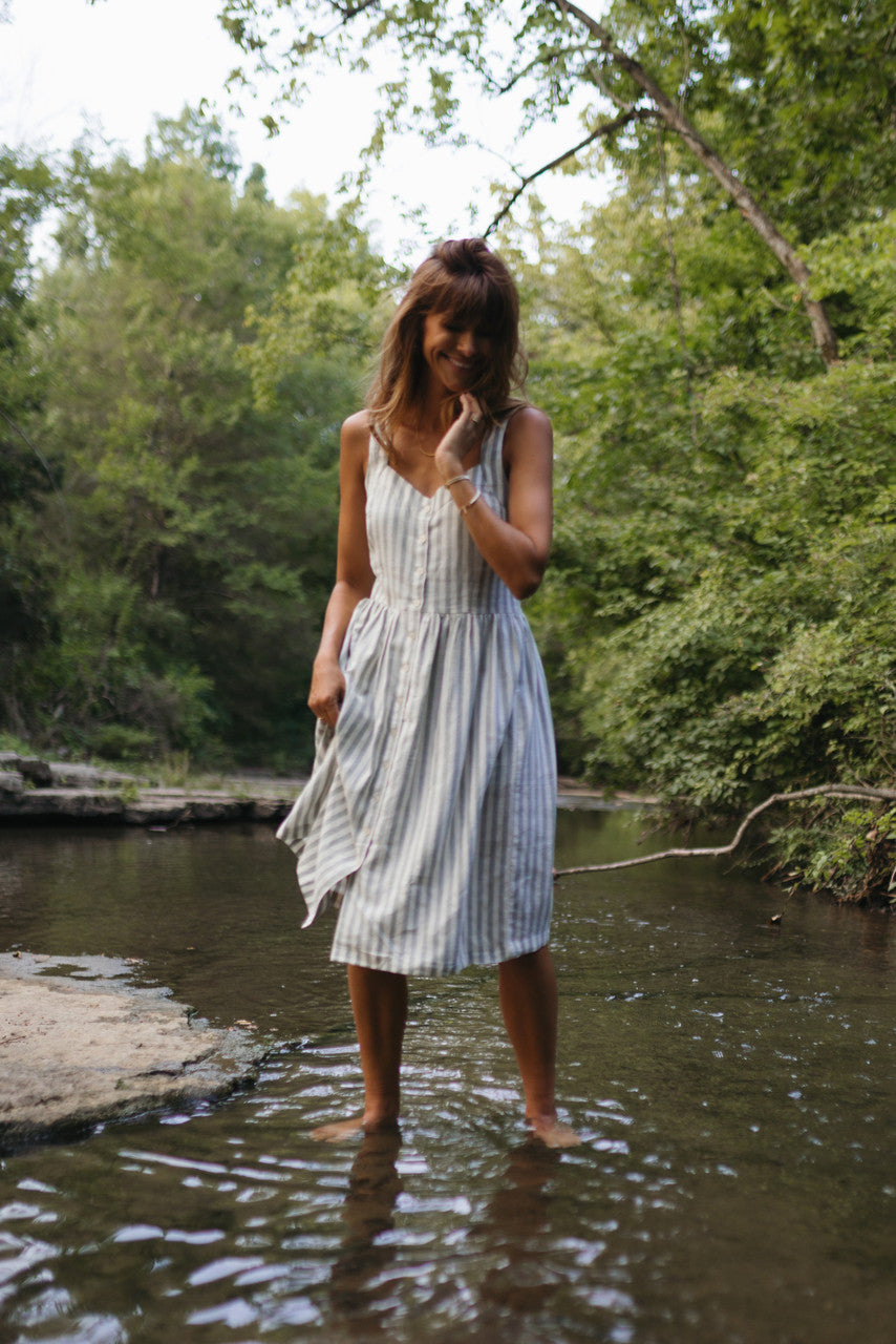 Mia Linen Dress in Green and White Stripe Made to Order