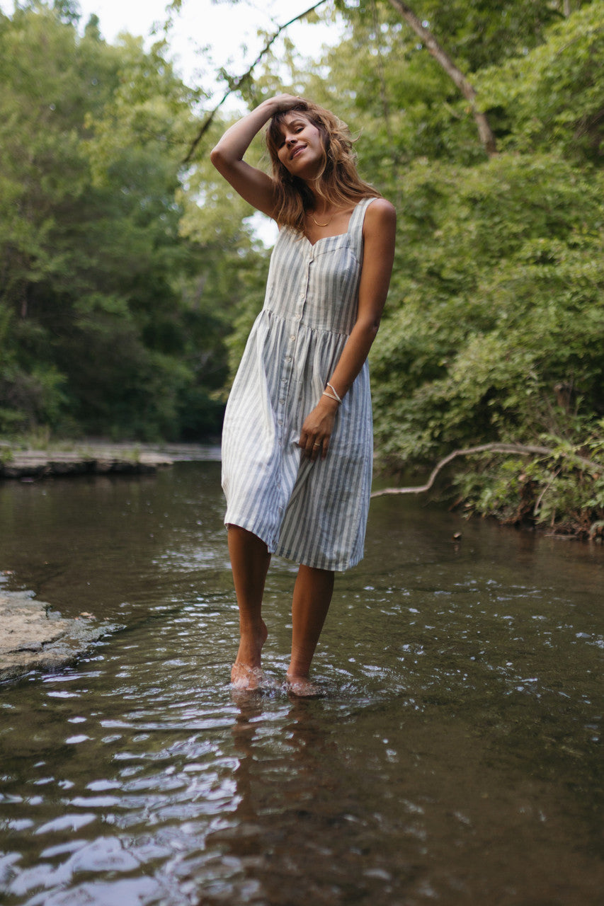 Mia Linen Dress in Green and White Stripe Made to Order