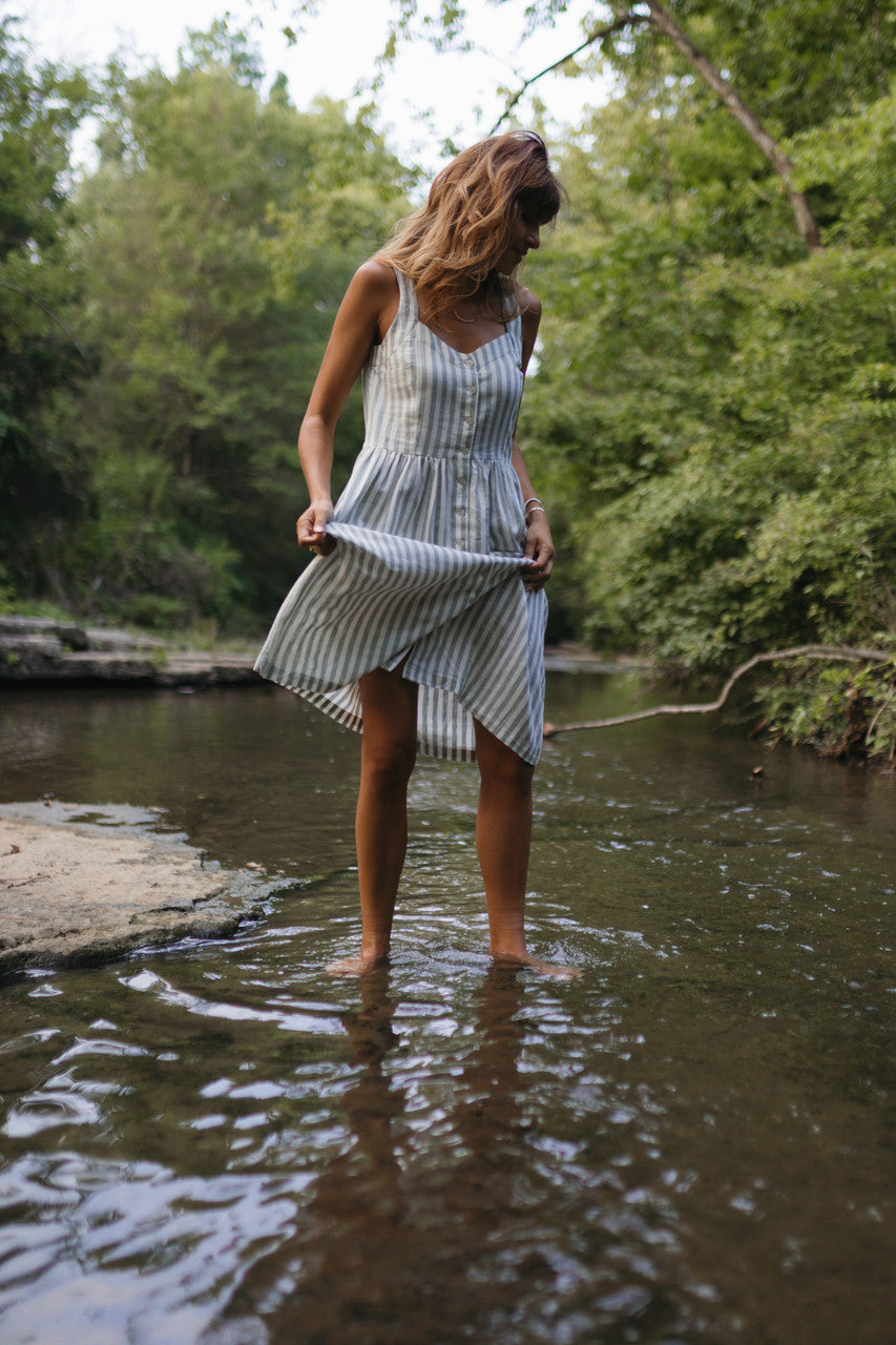 Mia Linen Dress in Green and White Stripe Made to Order