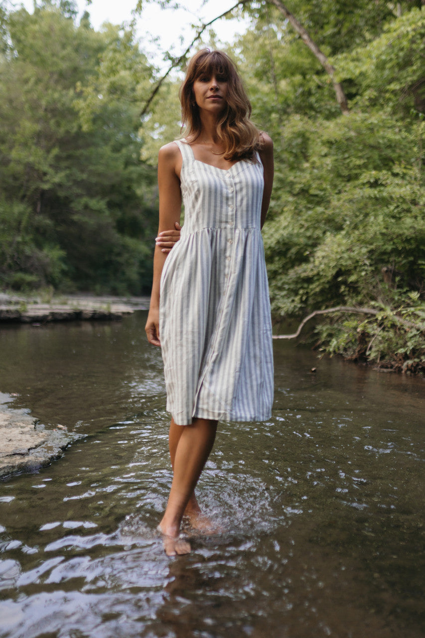 Mia Linen Dress in Green and White Stripe Made to Order