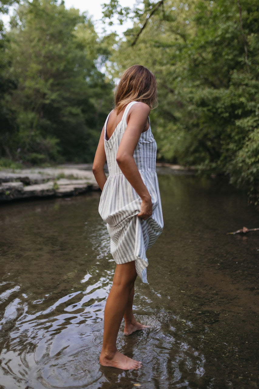 Mia Linen Dress in Green and White Stripe Made to Order