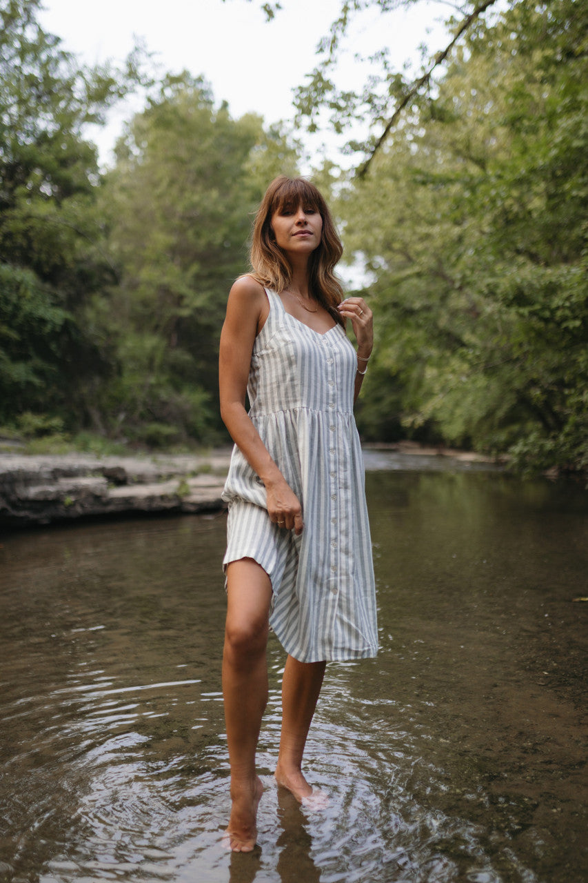 Mia Linen Dress in Green and White Stripe Made to Order