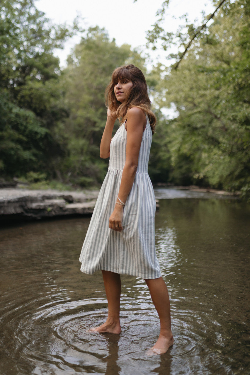 Mia Linen Dress in Green and White Stripe Made to Order