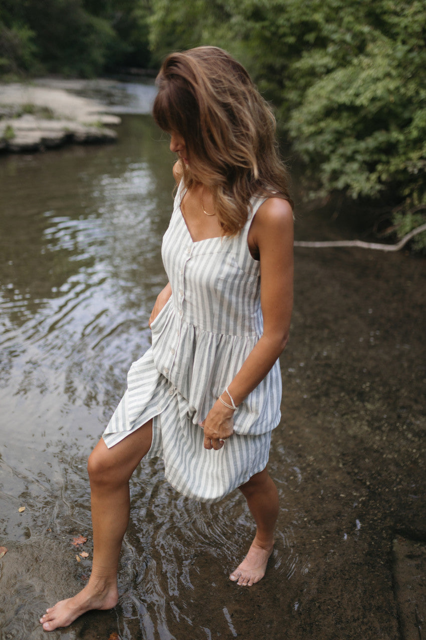 Mia Linen Dress in Green and White Stripe Made to Order