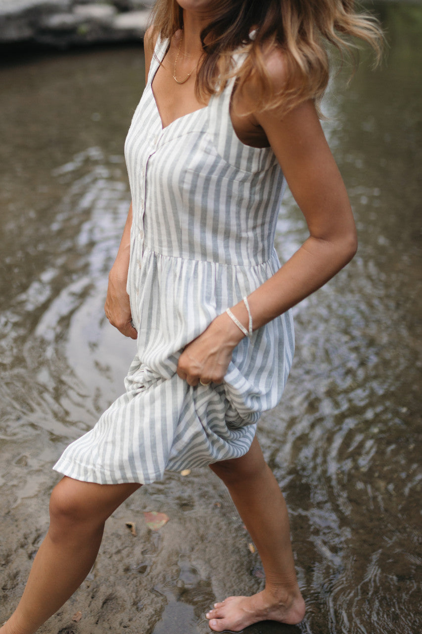 Mia Linen Dress in Green and White Stripe Made to Order