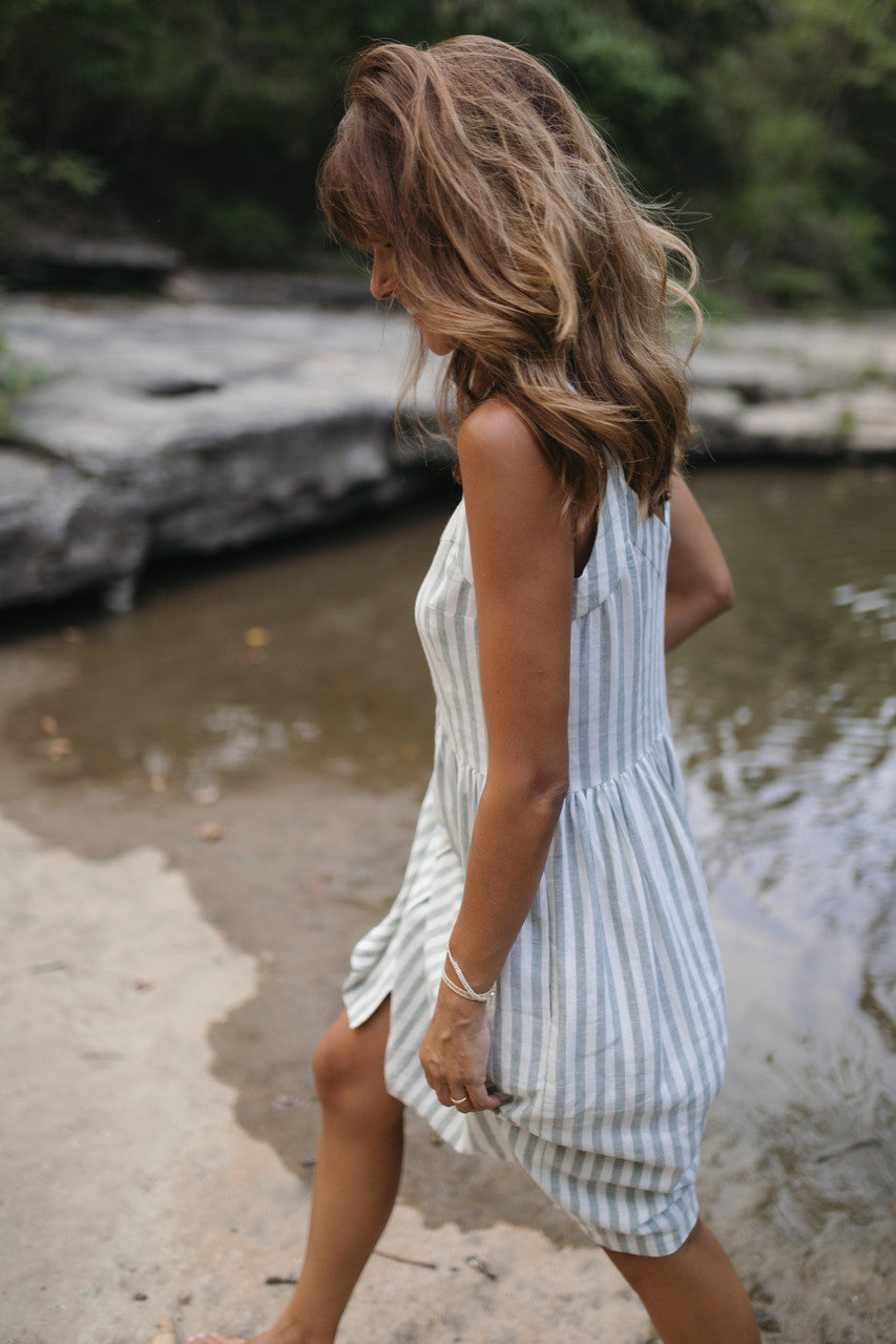 Mia Linen Dress in Green and White Stripe Made to Order