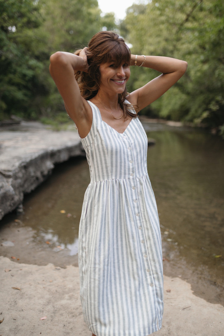 Mia Linen Dress in Green and White Stripe Made to Order