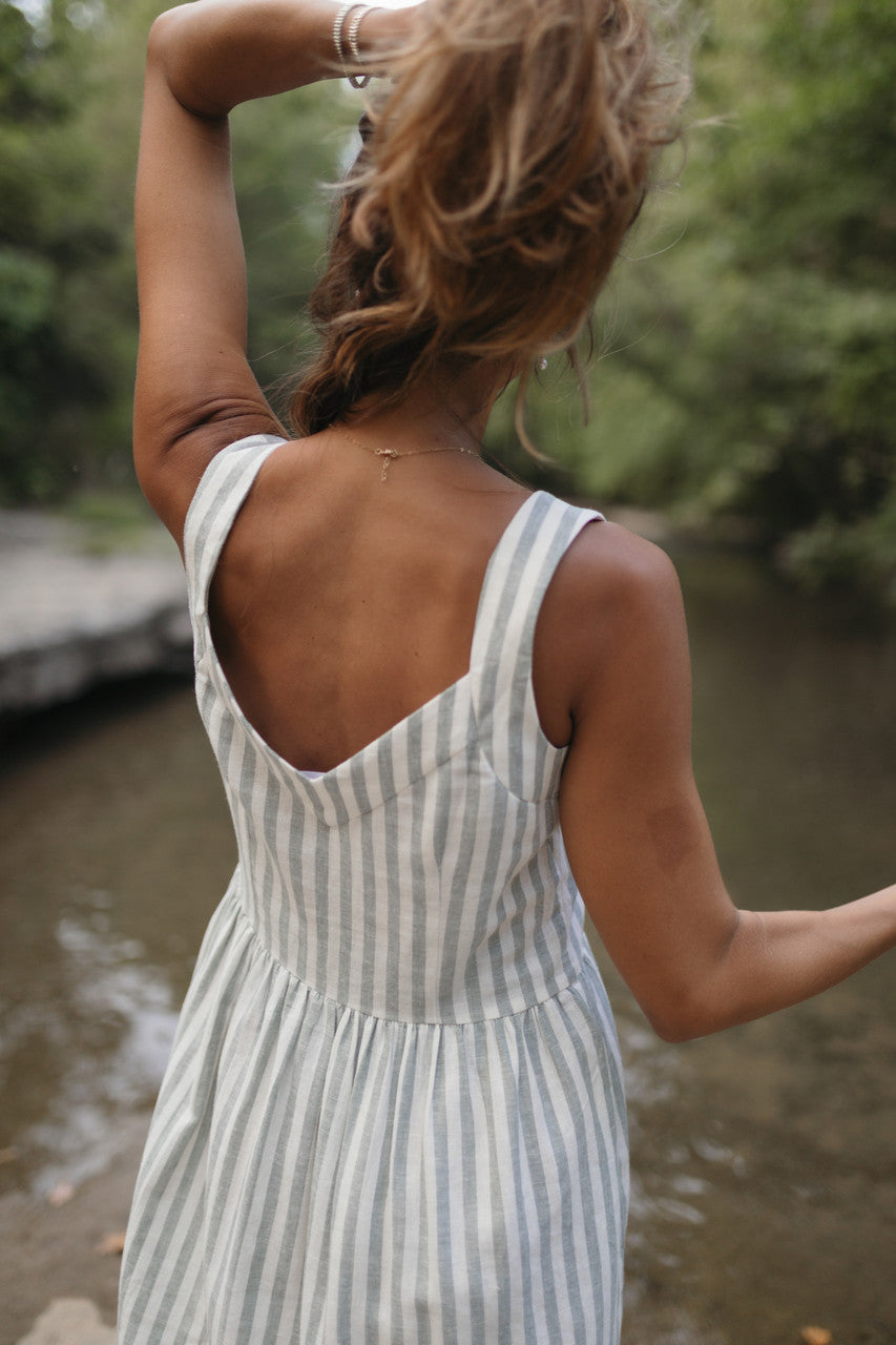 Mia Linen Dress in Green and White Stripe Made to Order