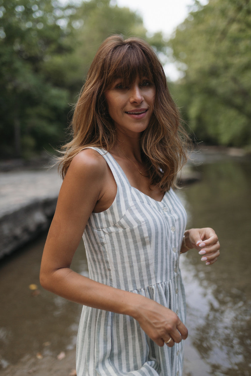 Mia Linen Dress in Green and White Stripe Made to Order