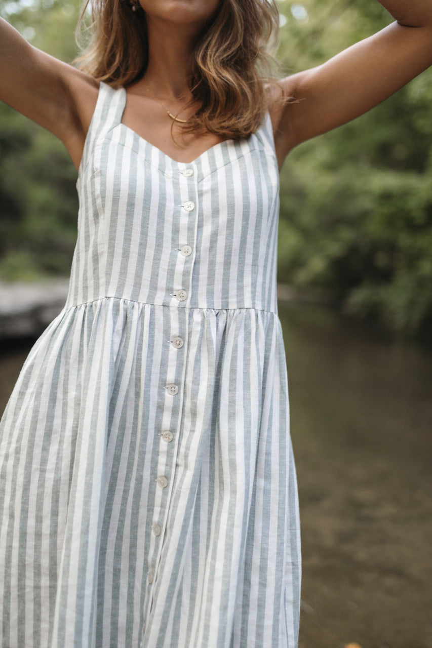 Mia Linen Dress in Green and White Stripe Made to Order