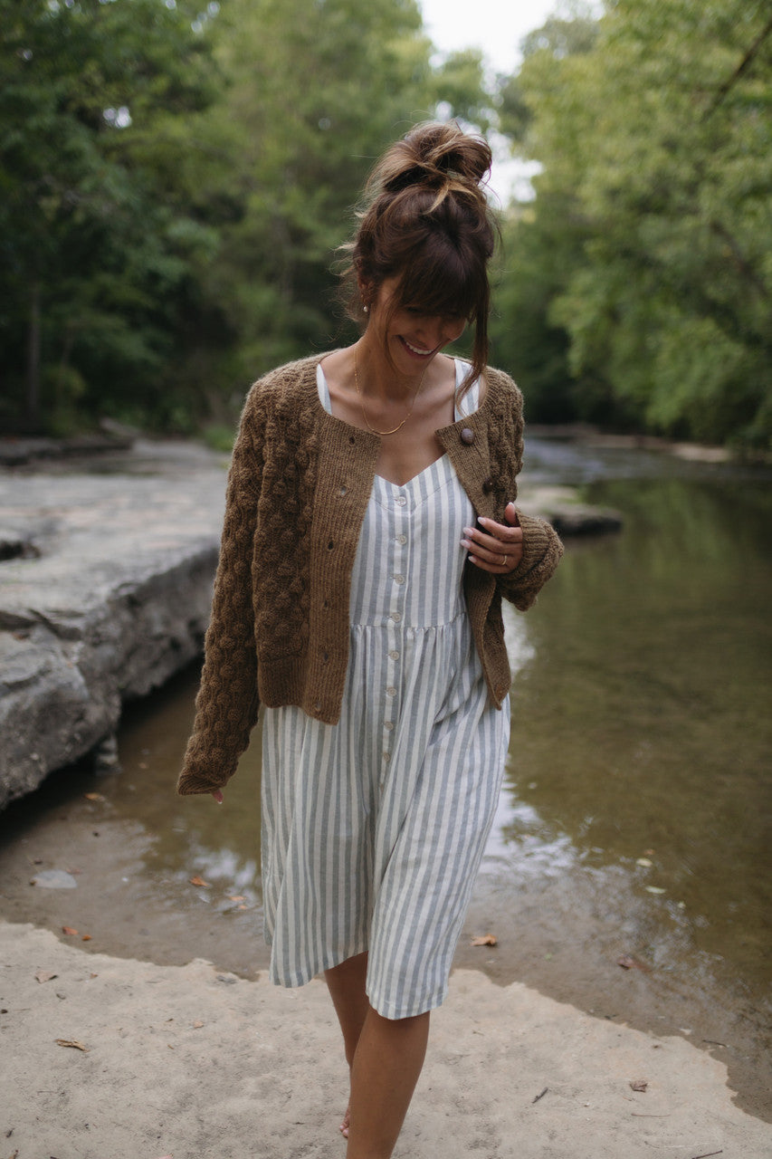 Mia Linen Dress in Green and White Stripe Made to Order