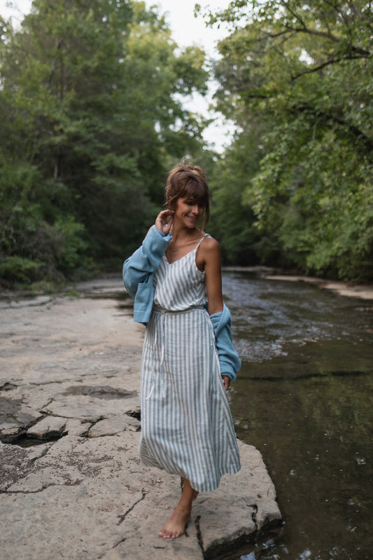 Linen Skirt Set in Green and White Stripe - Pre-Order 2/30