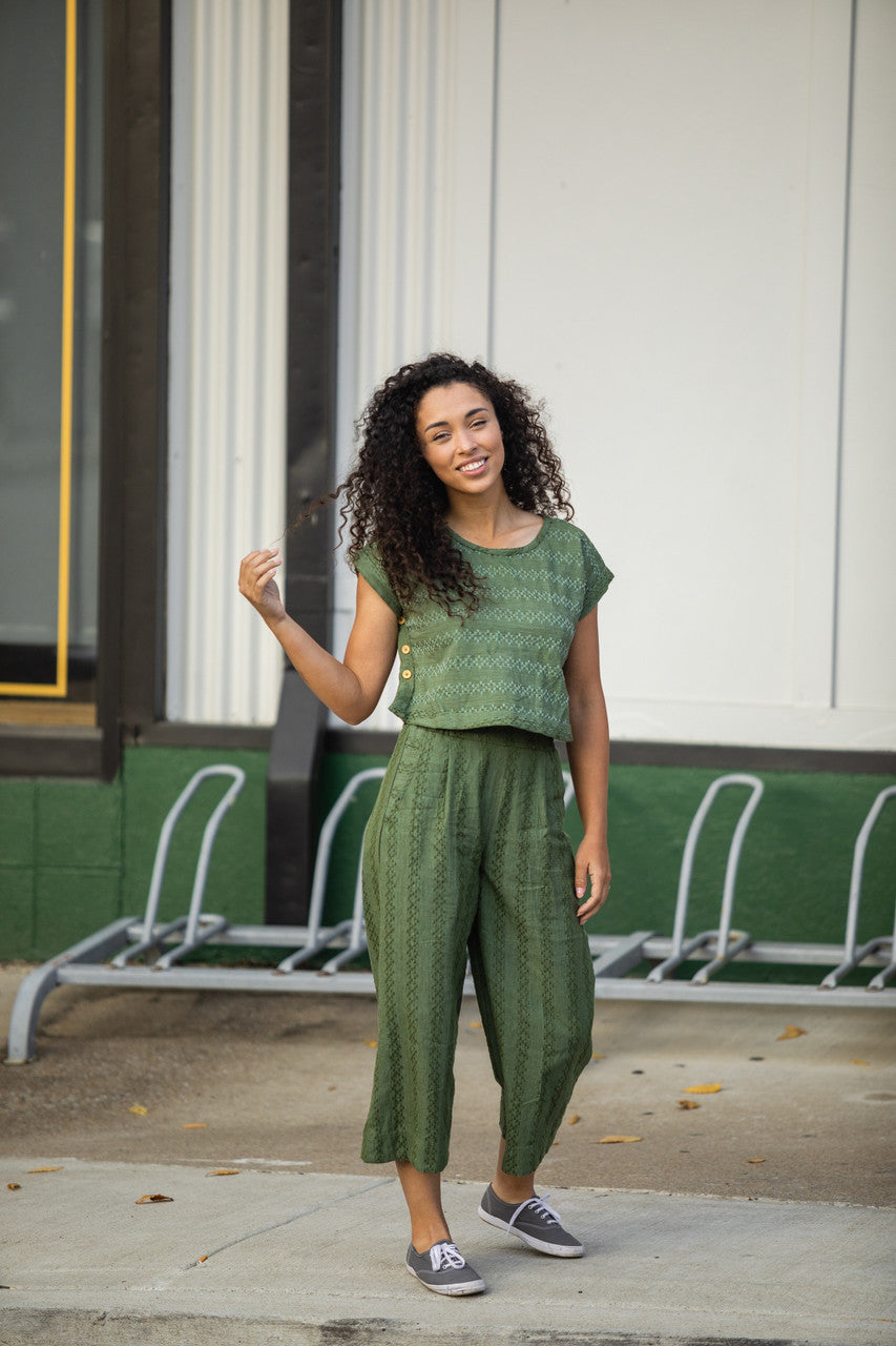 Katie Handwoven Cotton Crop Set in Green Check - S Full Set Left