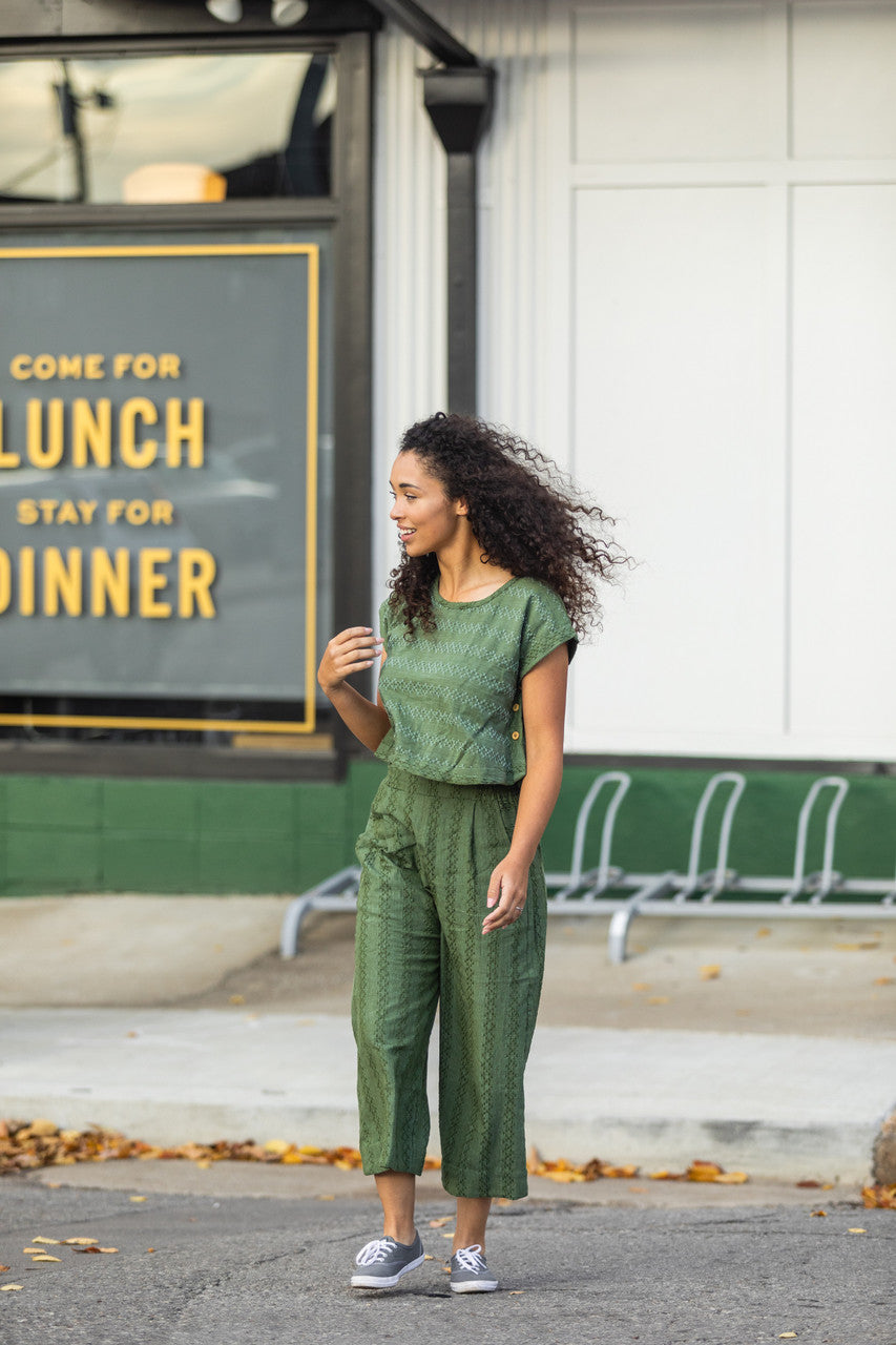 Katie Handwoven Cotton Crop Set in Green Check - S Full Set Left