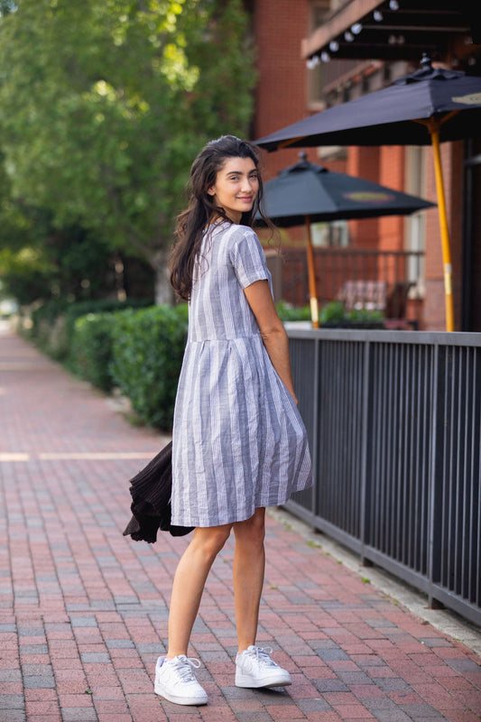 Eloise Handwoven Cotton Dress in Grey and White Stripe - S and M Left