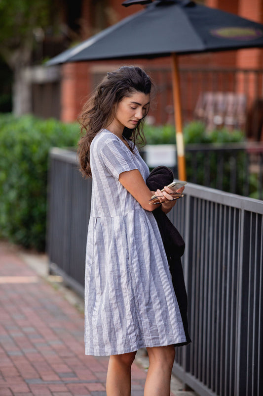 Eloise Handwoven Cotton Dress in Grey and White Stripe