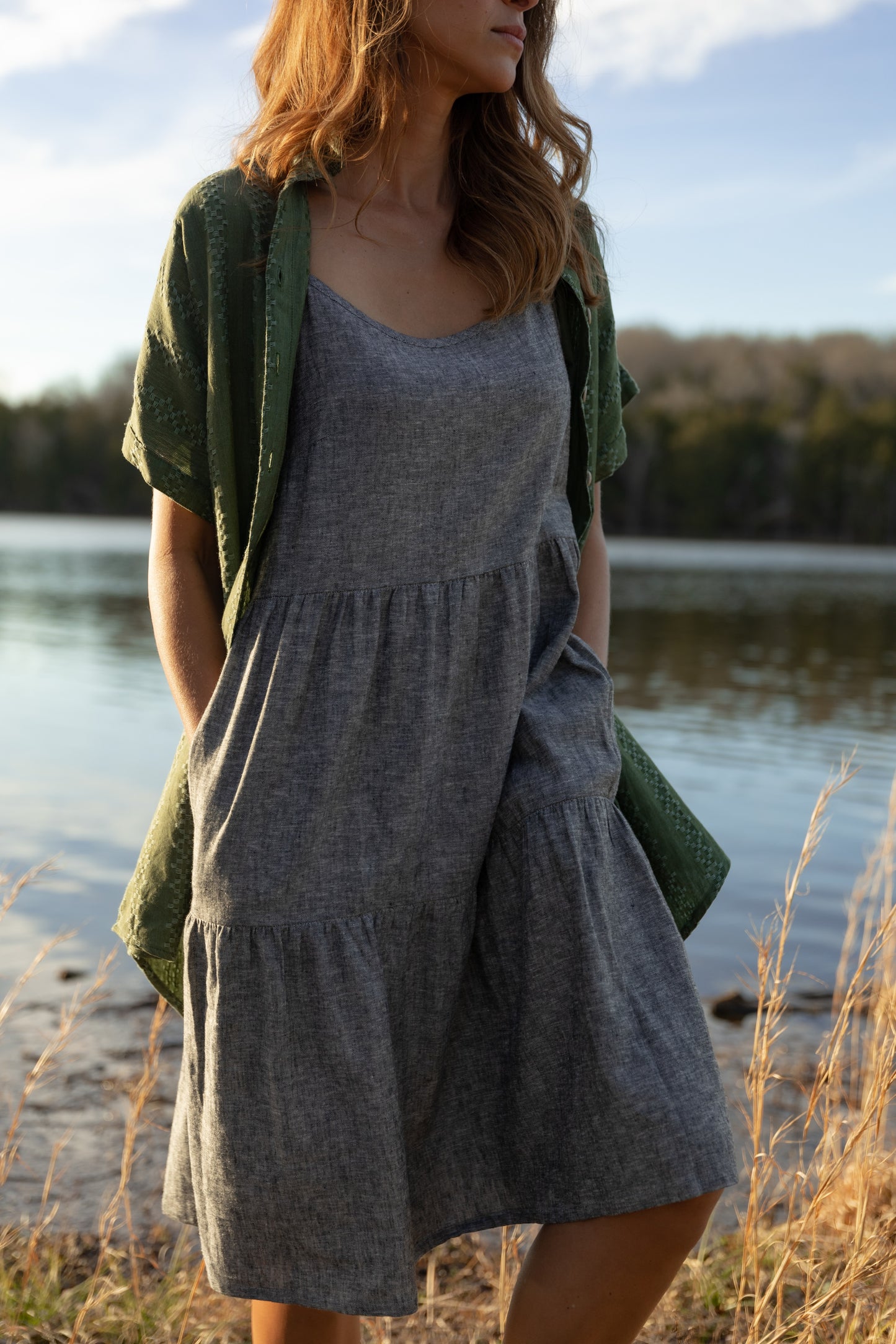 Paige Handwoven Cotton Relaxed Shirt Dress in Green Check Made to Order