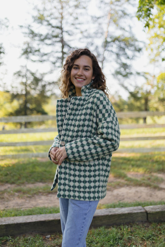 Portuguese Wool Pieper Coat in Sage/Slate and Cream Check Made to Order