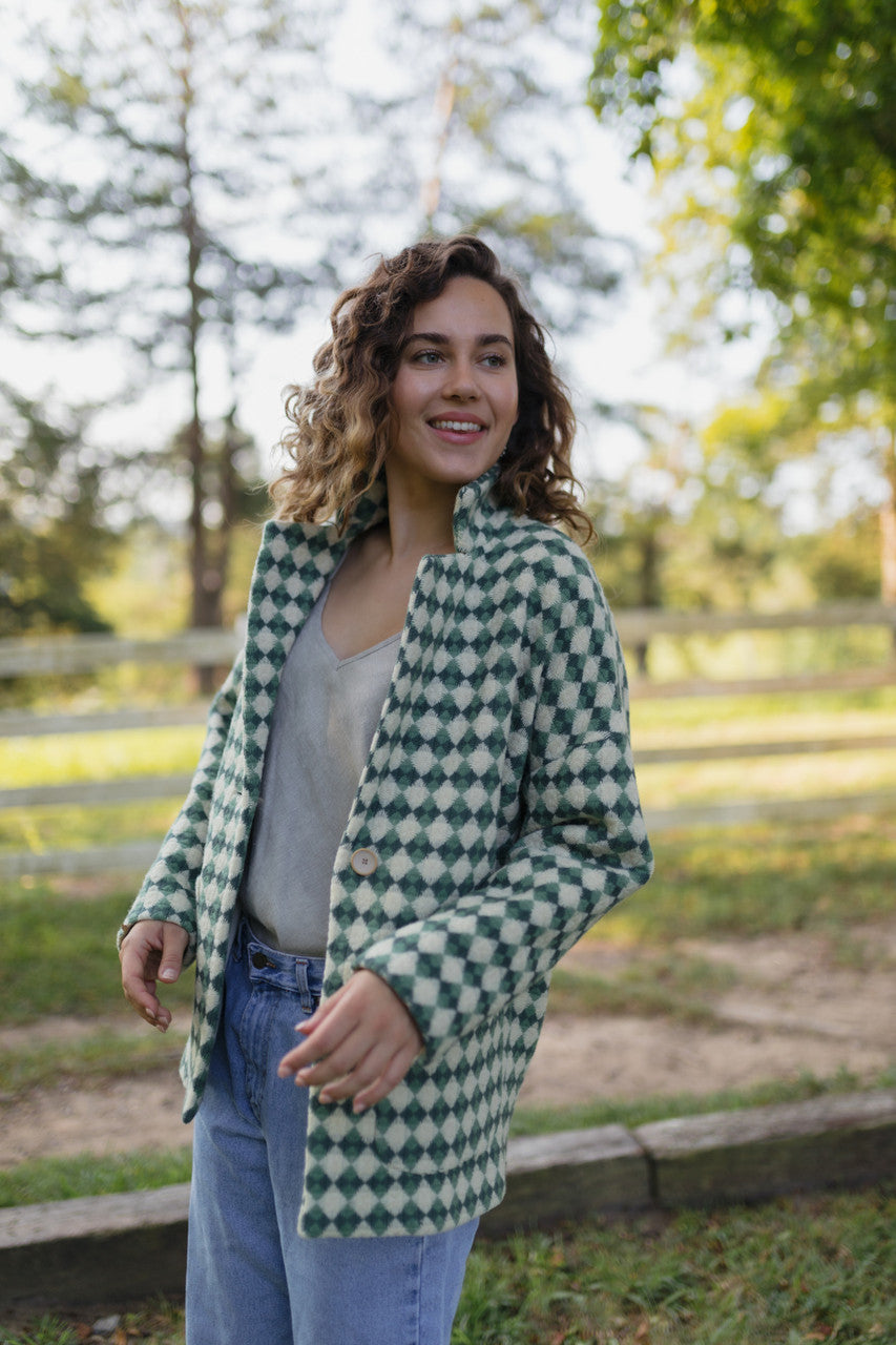 Portuguese Wool Pieper Coat in Sage/Slate and Cream Check Made to Order