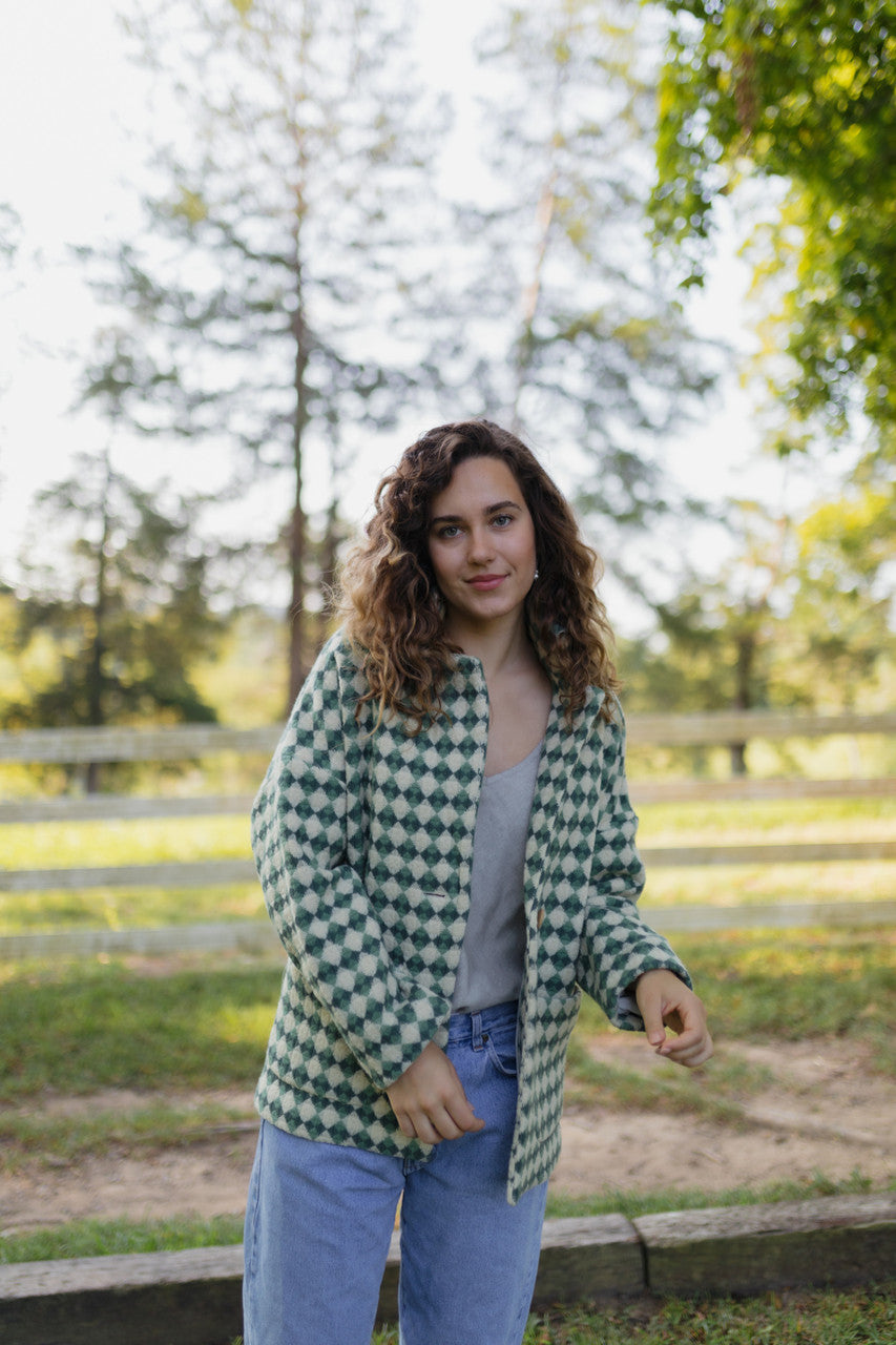 Portuguese Wool Pieper Coat in Sage/Slate and Cream Check Made to Order