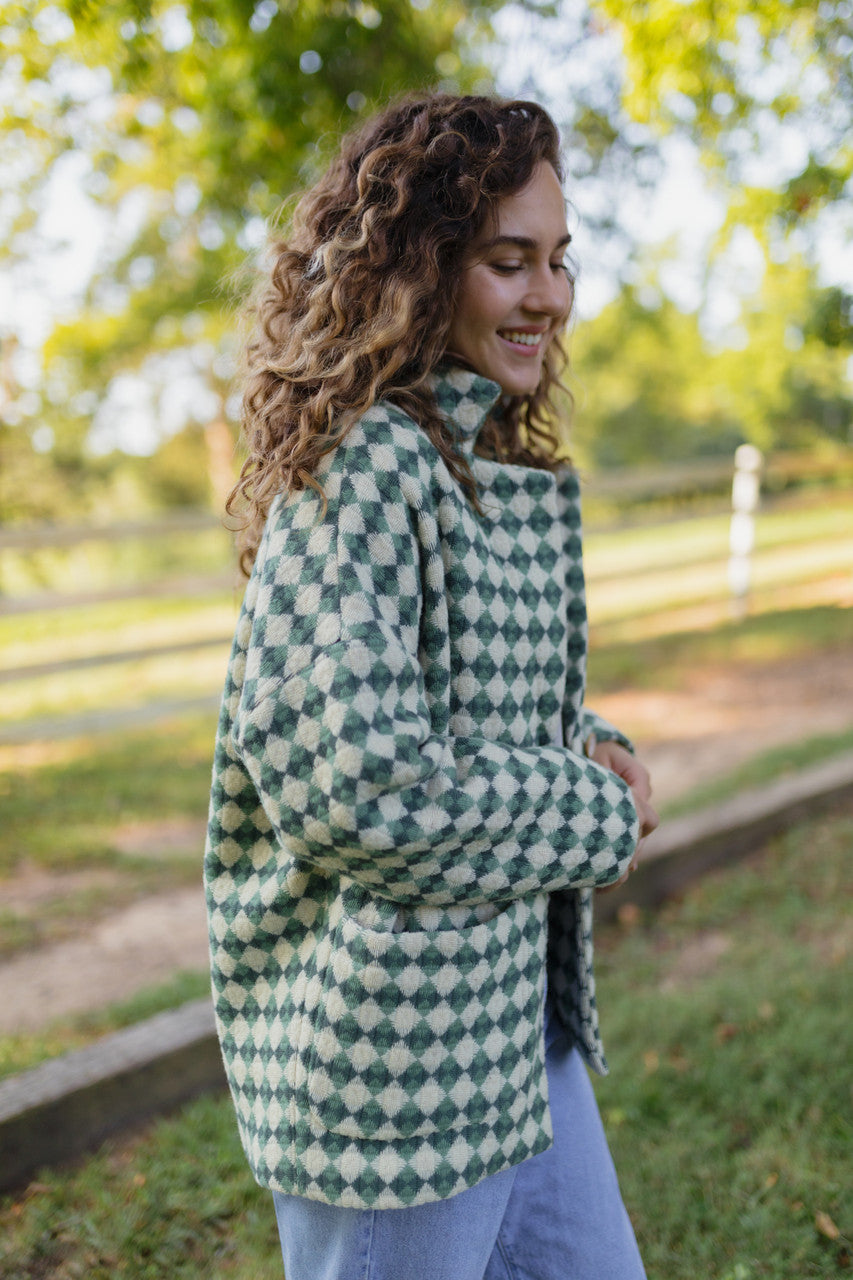 Portuguese Wool Pieper Coat in Sage/Slate and Cream Check Made to Order