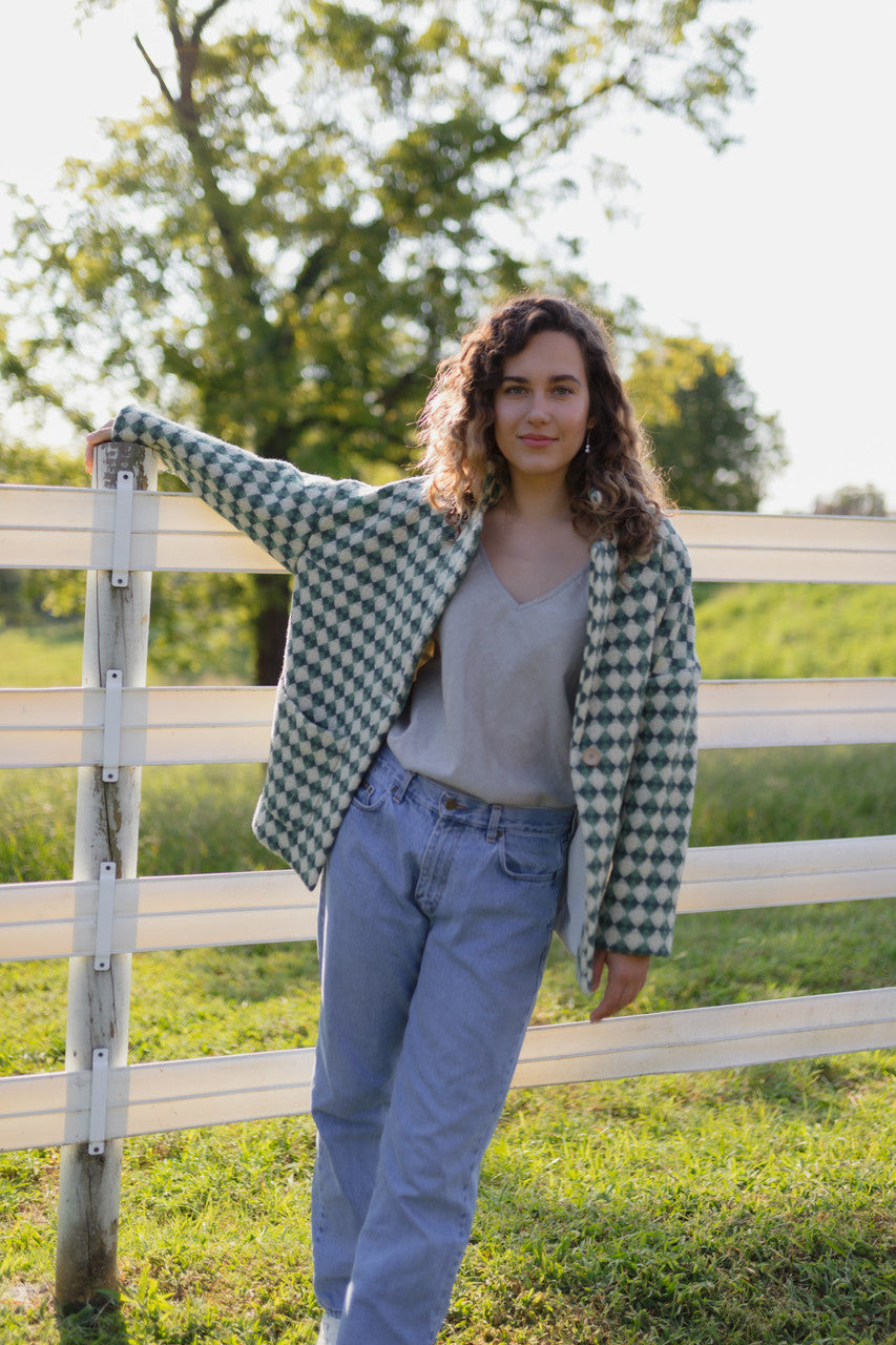 Portuguese Wool Pieper Coat in Sage/Slate and Cream Check Made to Order