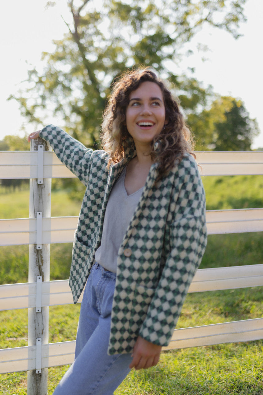 Portuguese Wool Pieper Coat in Sage/Slate and Cream Check Made to Order