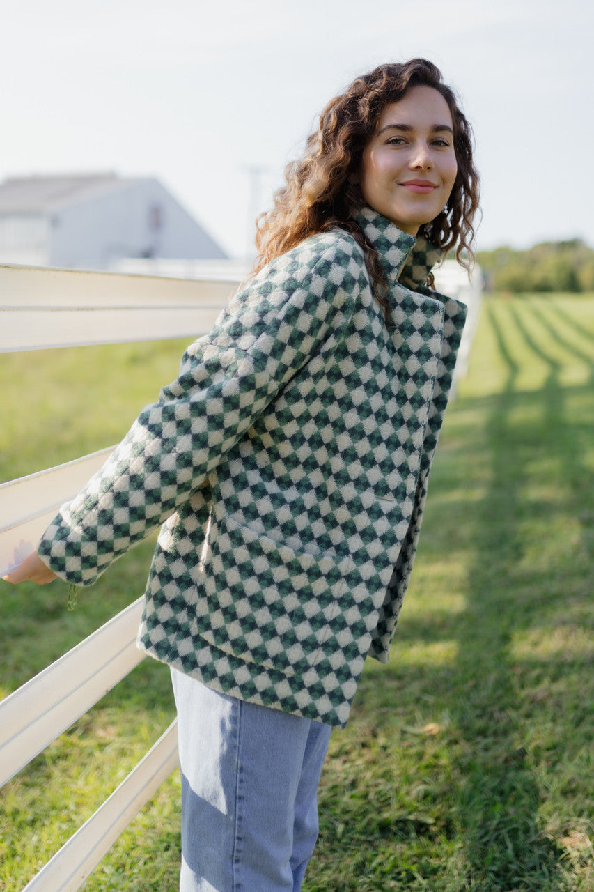 Portuguese Wool Pieper Coat in Sage/Slate and Cream Check Made to Order