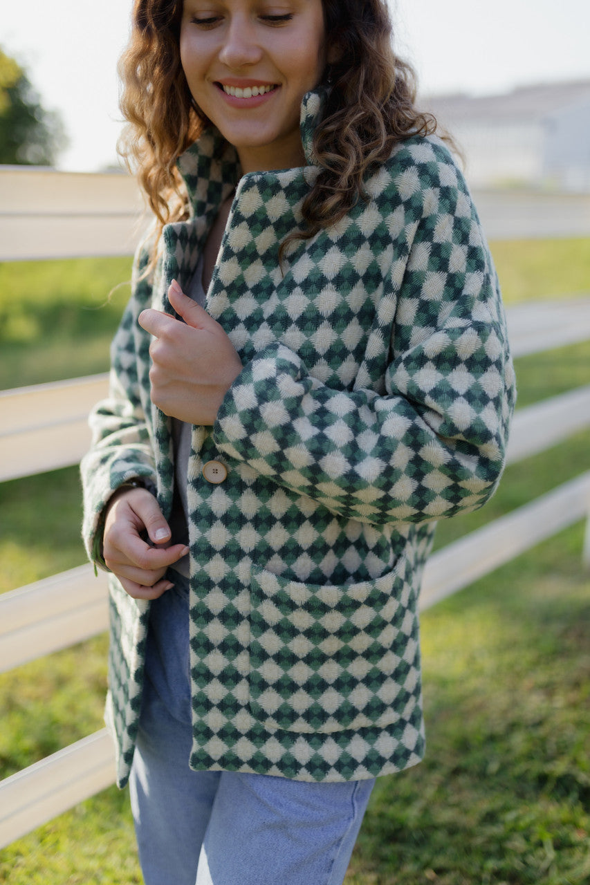 Portuguese Wool Pieper Coat in Sage/Slate and Cream Check Made to Order