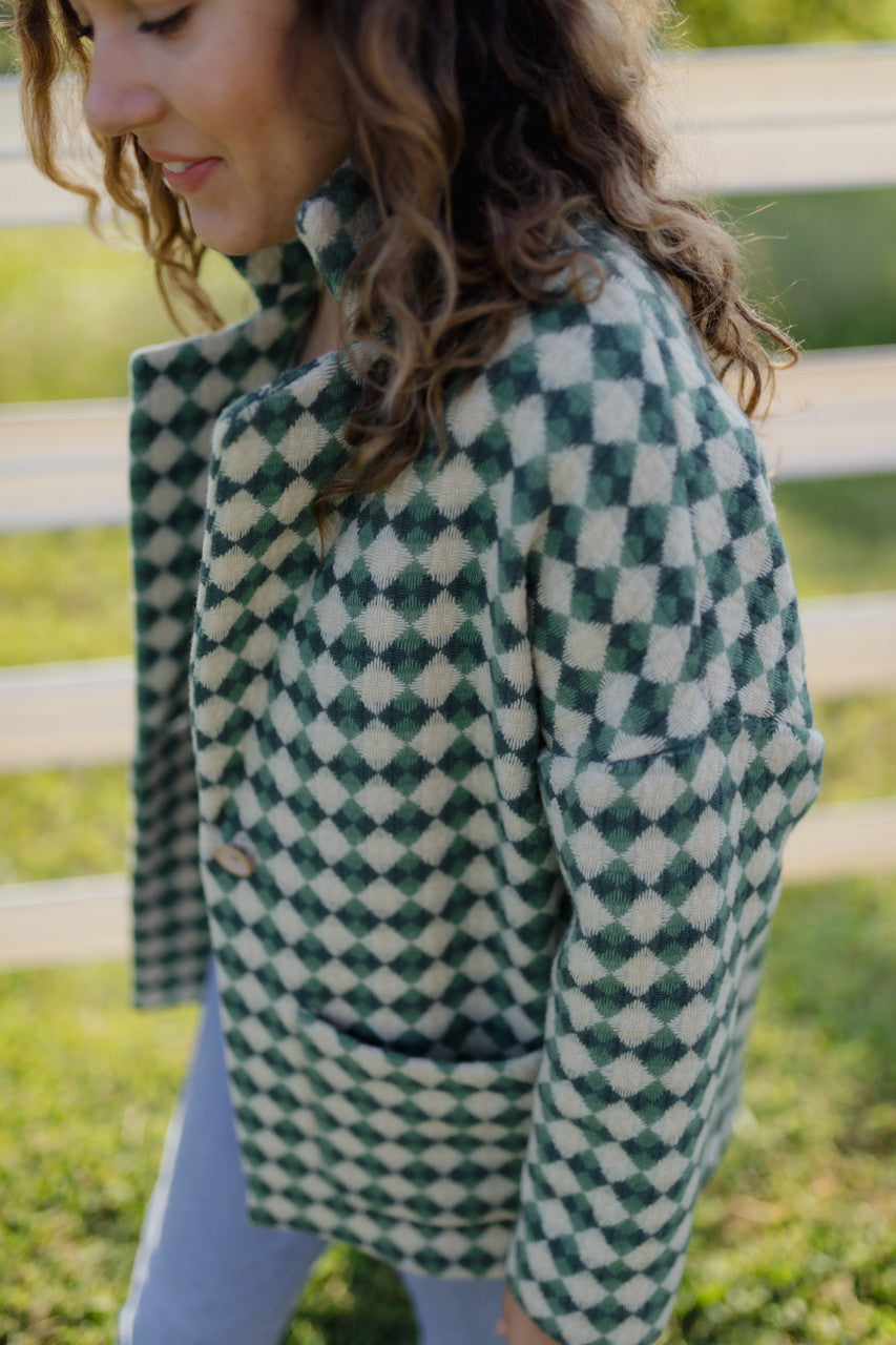 Portuguese Wool Pieper Coat in Sage/Slate and Cream Check Made to Order